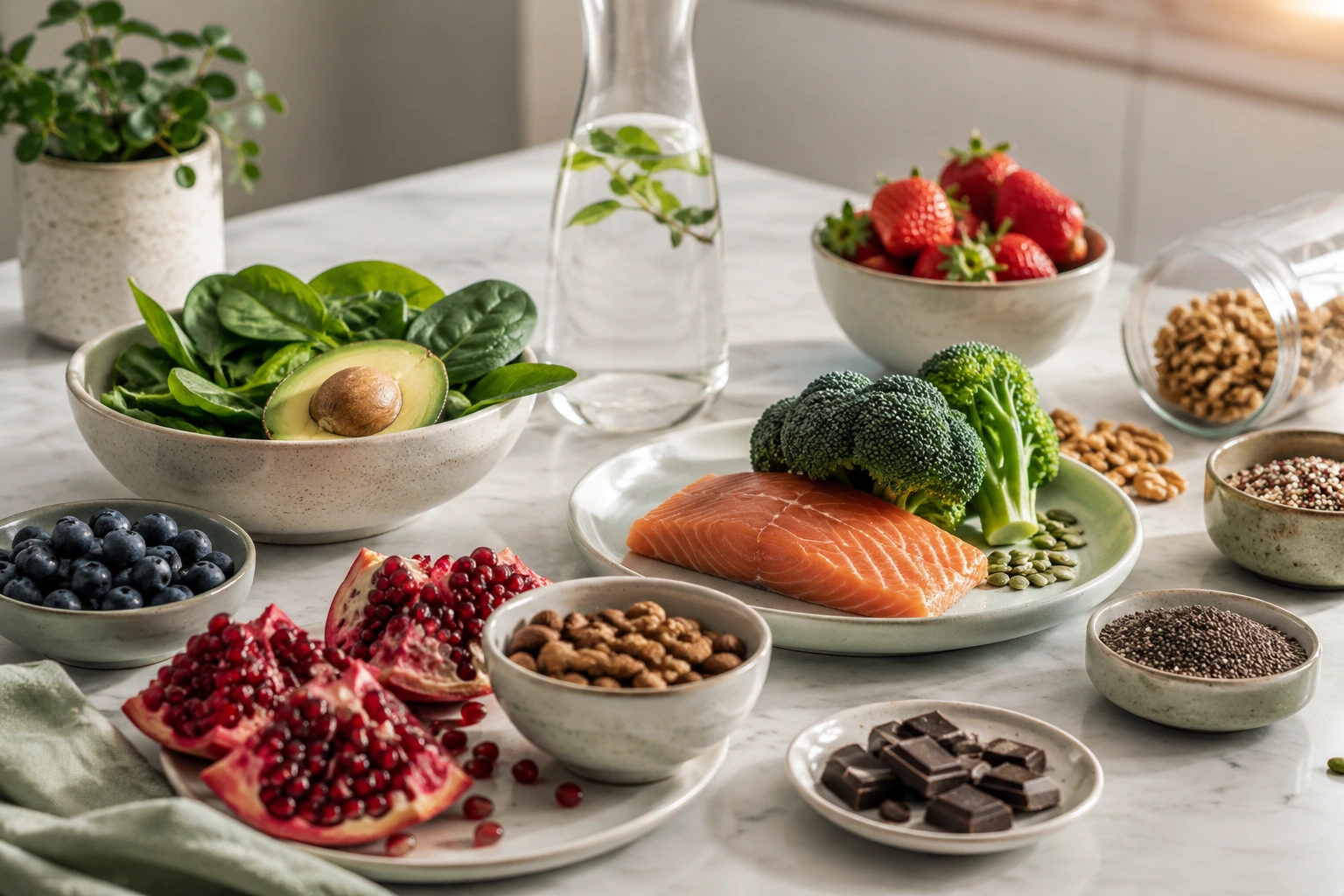 Alimenti ricchi di antiossidanti naturali: melagrana, mirtilli, frutta secca, verdura e salmone