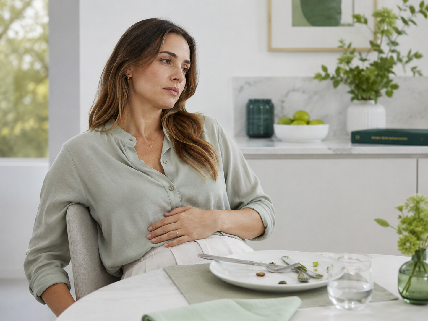 Donna seduta a tavola con sensazione di pesantezza dopo pranzo